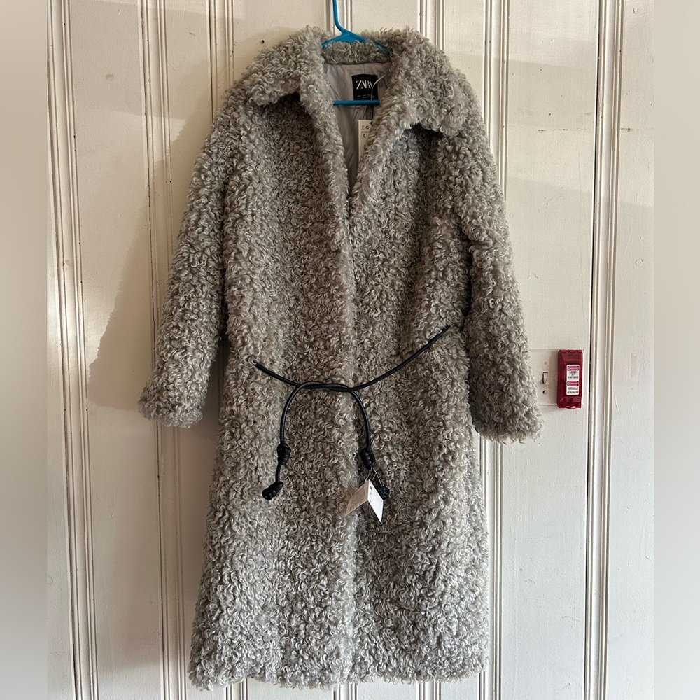 Zara Gray Teddy Coat with Waist Tie